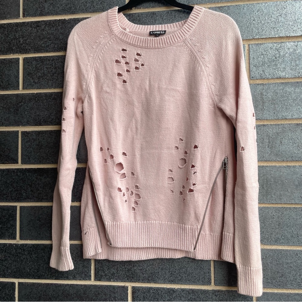 Express Pink Crew Neck Sweater with Distressed Design